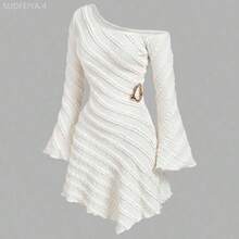 Fengyu Women's Clothing Store  Vestido de mujer con manga acampanada y hombro asimétrico en jacquard - Albaricoque - Ver 4