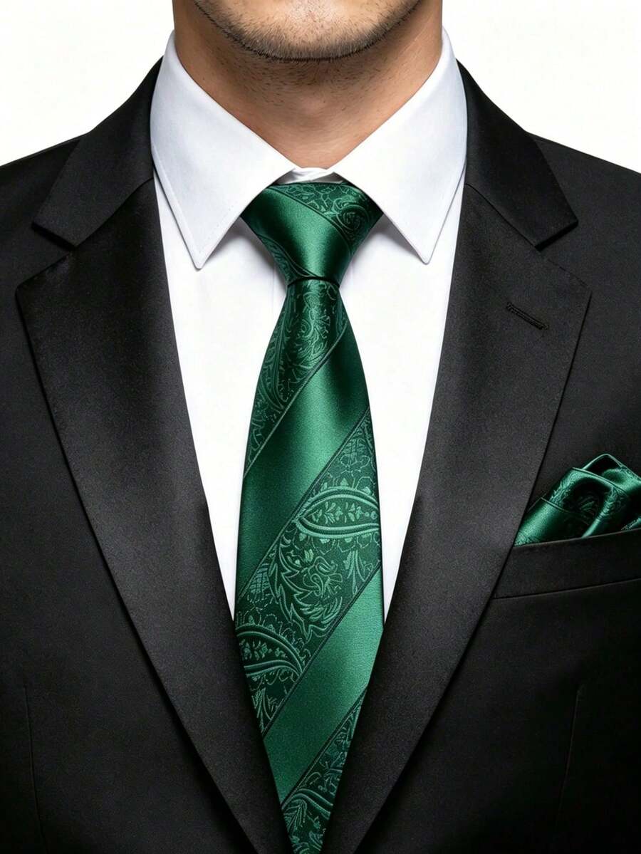 男士領帶套裝,經典時尚領帶與口袋巾套裝,適用於婚禮、商務與宴會 - 綠色 - 查看 1