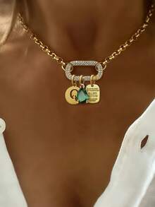 1PC Gold Oval A-Z Letter Necklace With Pendant Green Diamond Letter Chain, Unique Luxury Style, Suitable For Women's Daily Work Decoration - Yellow Gold - View 27