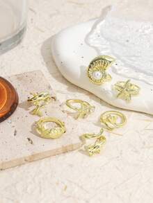 7PCS Ocean Rings, Metal Starfish Shell Conch Rings, Multi- Vacation Beach Layering Versatile Ring Set For Women - Gold - View 3