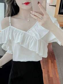 A New Long-Sleeved Blouse With Frills And Ribbons, Featuring A Cute Design Perfect For Petite Women. - White - View 3