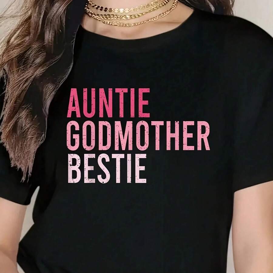 Auntie Godmother Bestie Funny Aunt God Mother Bestie T-Shirt, Bold Graphic Print Tee Shirt - Lightweight & Breathable Spring & Summer Wear - Casual Short Sve T-Shirt For Ste And Comfort - 黑色 - 查看 1
