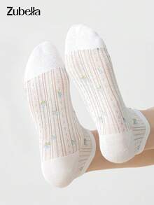 4 Pairs Women's Short Ankle Socks, Minimalist Fashion Comfortable Mesh Forest Style Mid-Calf Socks, Cute Floral Socks, Suitable For All Seasons - Multicolor - View 7