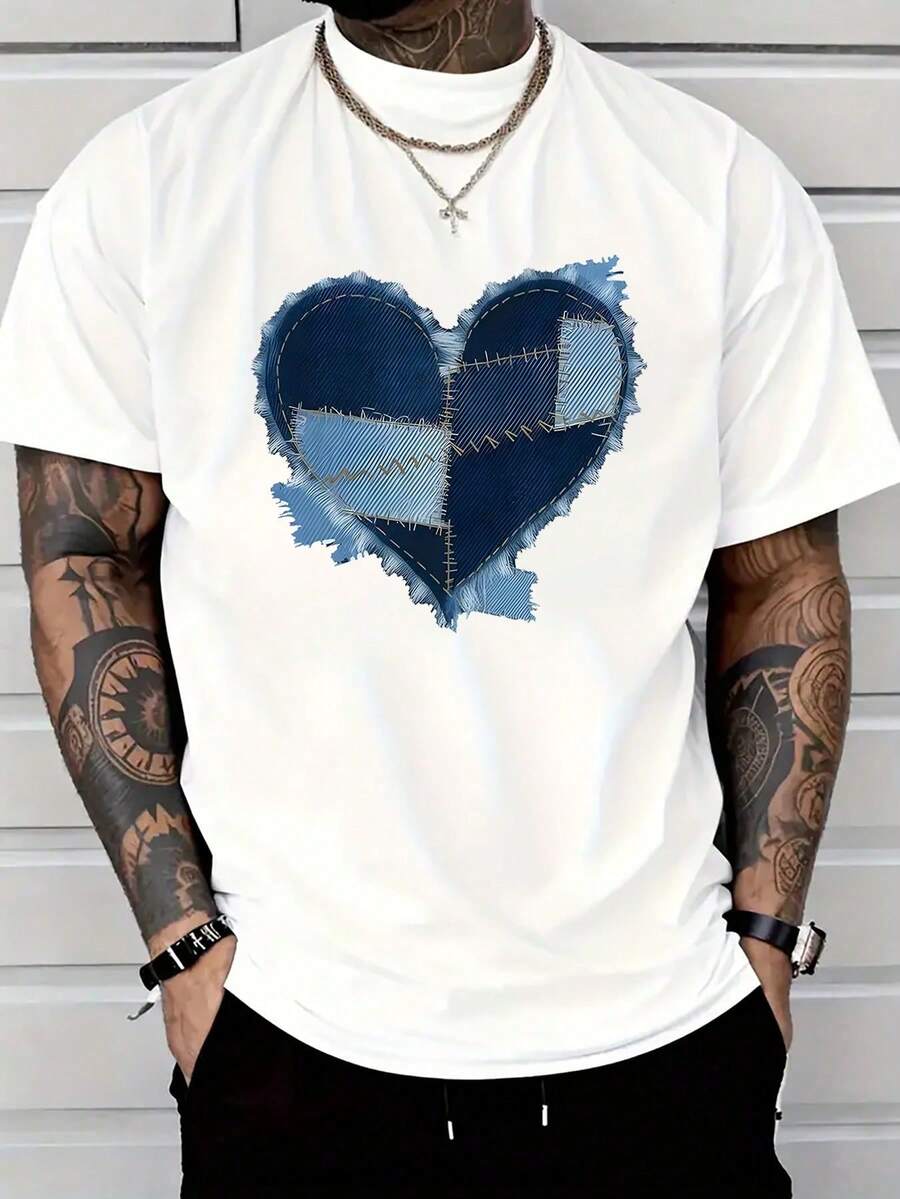 1 Piece, 100% Cotton, Heart Print T-Shirt With Plaid Denim Stitching, Men's Seasonal Casual T-Shirt, Short Sleeve Crew Neck Cotton T-Shirt, C - 黑色 - 查看 1