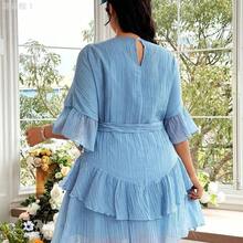 jianchaimaoyi02 FleurLily Vestido corto elegante y casual de oficina con cuello redondo, volantes en la cintura y cinturón, talla grande - Azul - Ver 3