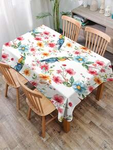 1pc Floral & Bird Print Tablecloth, Modern Polyester Waterproof Tablecloth, Rectangular & Round, Digital Print Suitable For Living Room, Home Use, Outdoor Dining Table, Small Round Table - Multicolor - View 4