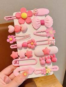 14pcs/Set Girls Pink Heart Star Flower Hair Clips, Suitable For Daily Or Party Wear - Multicolor - View 5