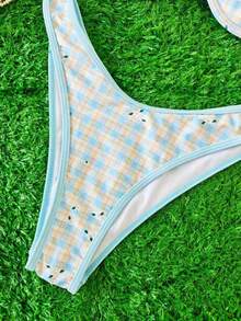 Ensemble de maillot de bain élégant pour femmes à carreaux bleus et jaunes & fleurs ditsy, sexy, à fines bretelles, décontracté, pour les vacances à la plage au printemps et en été - Multicolore - Voir 5