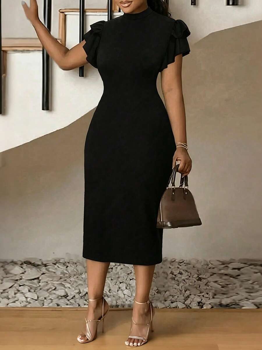 IGKEEL Plus Size High Neck Butterfly Sleeve Fitted Dress Spring Summer Black Elegant - Black - View 1