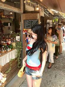 Hot Girl Color Block Patchwork Camisole Tank Top Women Summer Layering Slimming Waist-Cinched Sleeveless Top Casual Red - Red - View 6
