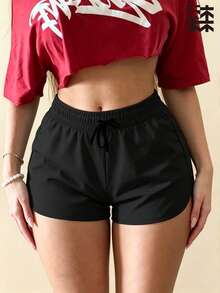 mulinsen 女款運動短褲，開口褲腳設計，彈性腰帶，夏季運動休閒 3/4 長度短褲 - 黑色 - 查看 5