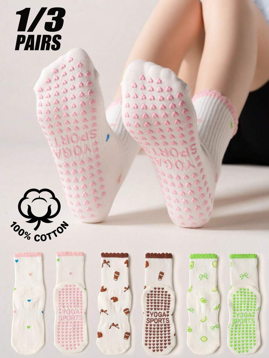 1/3 Pairs Women's 100% Cotton Yoga Socks, Non-Slip Heart Silicone Grips Pilates Socks, Ruffle Trim Breathable Socks For Barre, Dance & Home Workout - Multicolor - View 1