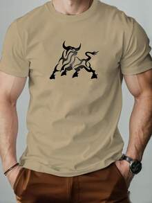 Camiseta de manga corta casual de verano con estampado de toro para hombre - Blanco - Ver 2