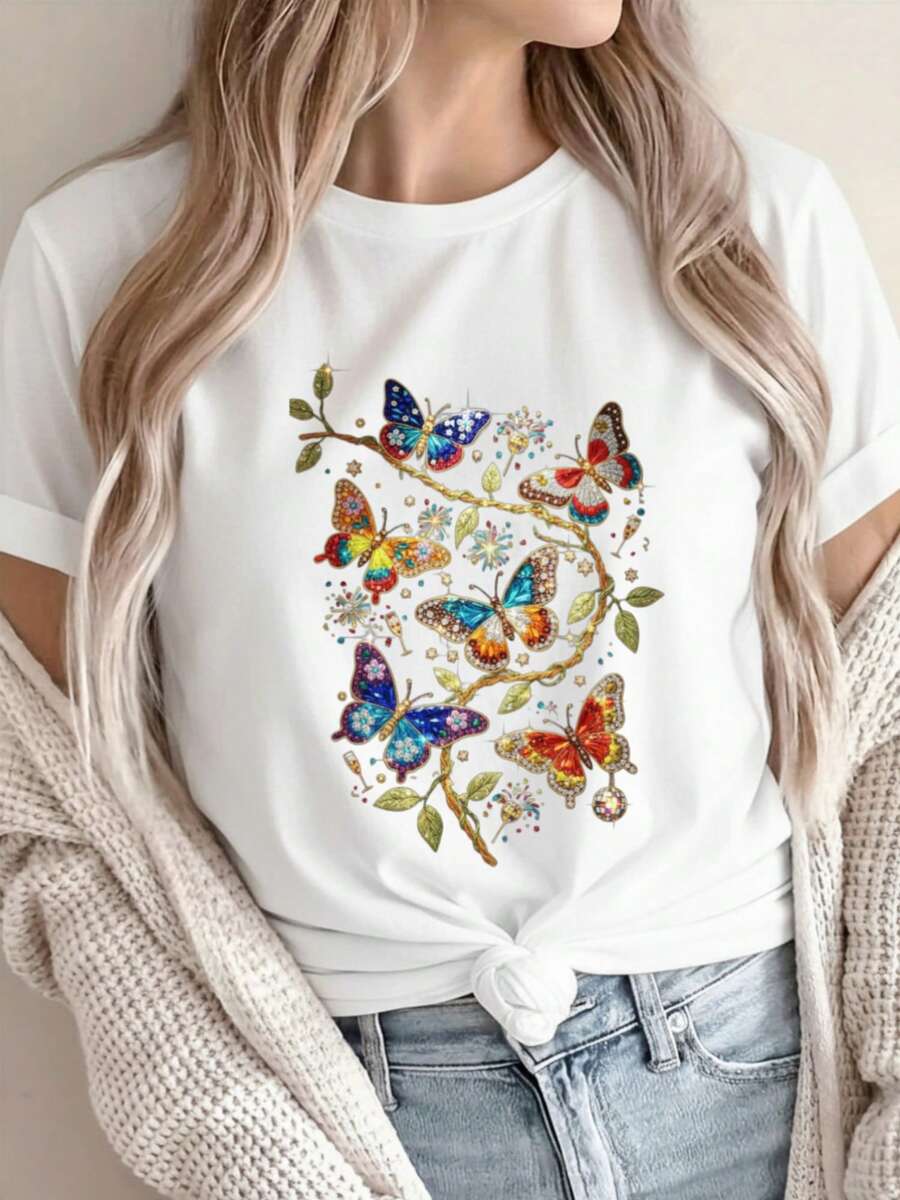 Camiseta de Mujer para Ocio y Fitness, Viajes, Fiestas Universitarias, con Estampado de Mariposas y Enredaderas - negro - Ver 1