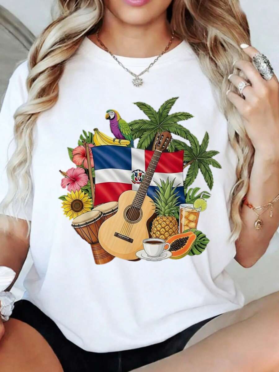 Camiseta con la Bandera de República Dominicana, Cultura Tropical Taino Dominicano, Mismo Estilo para Hombres y Mujeres, Verano 2026, Camiseta Estampada de Manga Corta, 220G Puro, Ropa Patri - negro - Ver 1