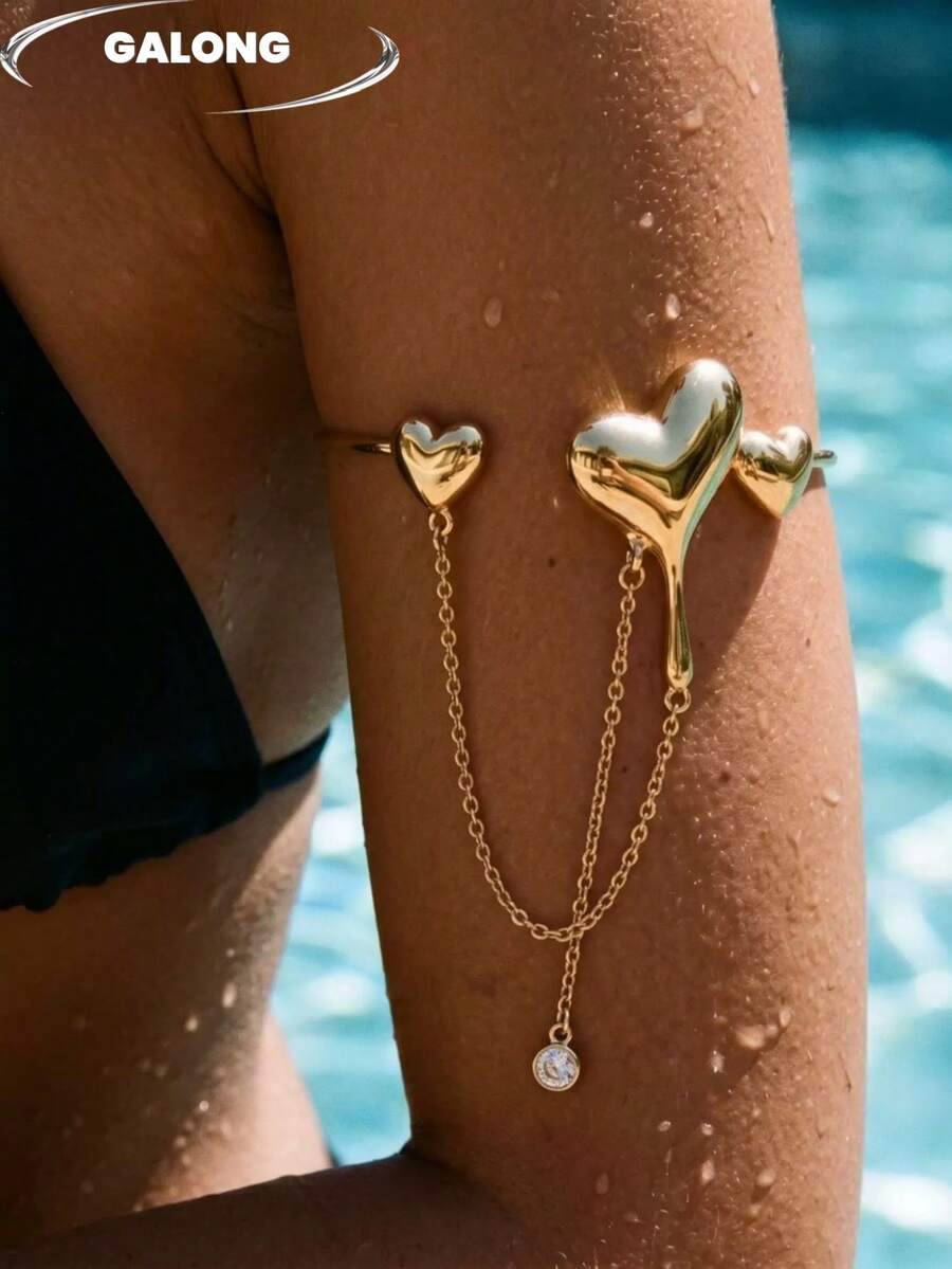 Personalized Heart Chain Arm Cuff, Silver Metallic Luster Asymmetric Design, Women's Summer Hot Girl Accessory