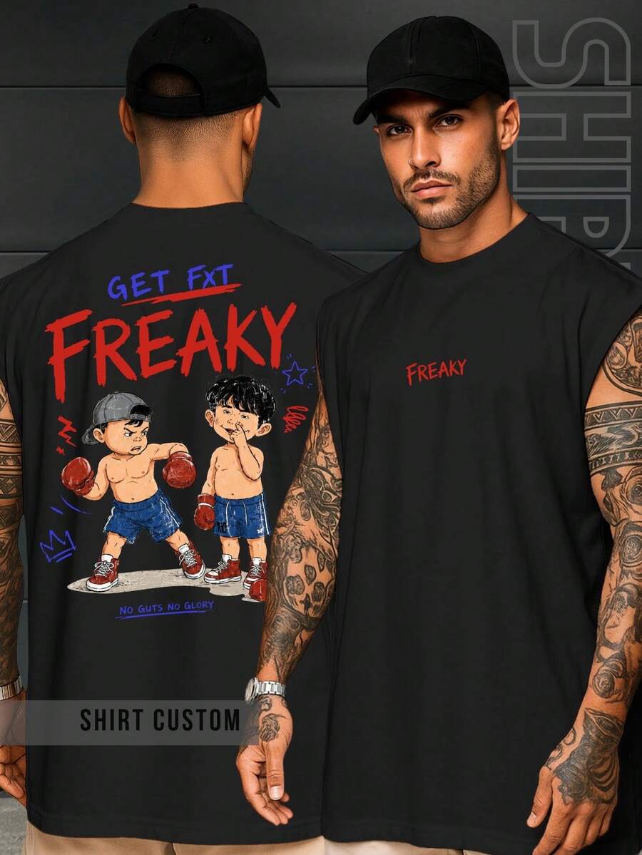 Regata Oversized Academia Freaky Season Marromba No Guts No Glory Treino Gymtok Cartoon Camisa Unissex 100% Algodão - Preto - Visão 1