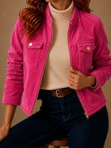 Women's Corduroy Jacket With Zipper, Casual Style, Elegant, Winter Fashion, Fluffy Velvet Zipper, Night, Vacation, School, Office, Daily. - 玫紅色 - 查看 4