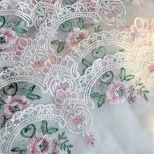 2碼白色網紗粉色/藍色花卉刺繡蕾絲飾邊，裙擺延伸配件，洋裝領口DIY裝飾材料 - 蕾絲刺繡蕾絲 - 查看 5