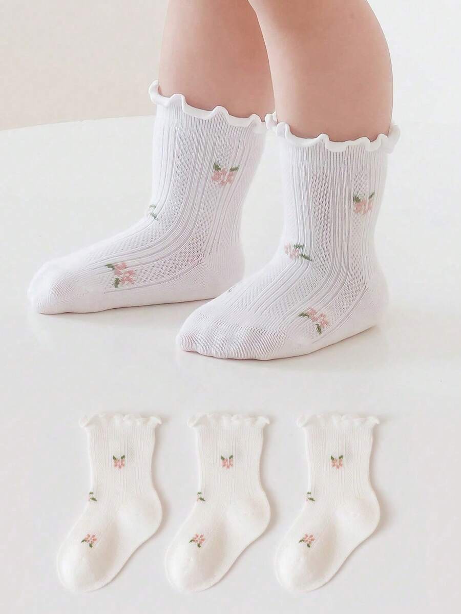 3 Pairs Children's Ruffle Flower Trim Calf Socks, Mesh Breathable Ribbed Baby Socks, Elegant Little Princess Socks - Multicolor - View 1