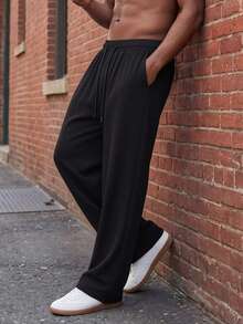 Plus Size Men's Drape Loose Straight Leg Casual Drawstring Waist Pants With Pockets - Black - View 3