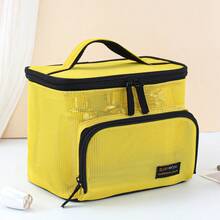 1 pieza Bolsa de almacenamiento de malla multifuncional de doble compartimento, material de malla semitransparente rosa, ranura frontal para cepillos + partición del compartimento principal, bolsa de maquillaje portátil estilo chica hot - Multicolor - Ver 3