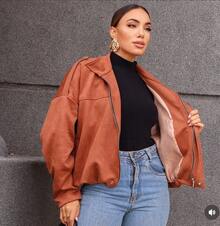 Women's Bomber Jacket, Winter Coat, Long Sleeve Batwing Jacket In Suede Fabric - 鏽棕色 - 查看 2