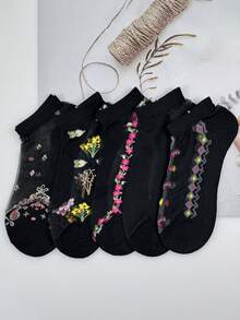 1/5 Pairs Random Women's Short Socks, Black Crystal Silk Embroidered Floral Pattern Glass Silk Thin Breathable Moisture-Wicking Fashion Socks, Suitable For Daily Wear - Multicolor - View 3