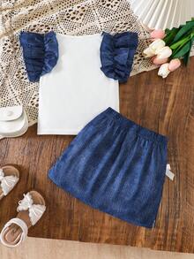 Girl's Summer Two Pieces Set, White Ribbed Top With Vintage Ruffle Bell Sleeves, White Bow Vintage Elastic Waist Skirt, Children's Everyday Casual Wear - Blue and White - View 4