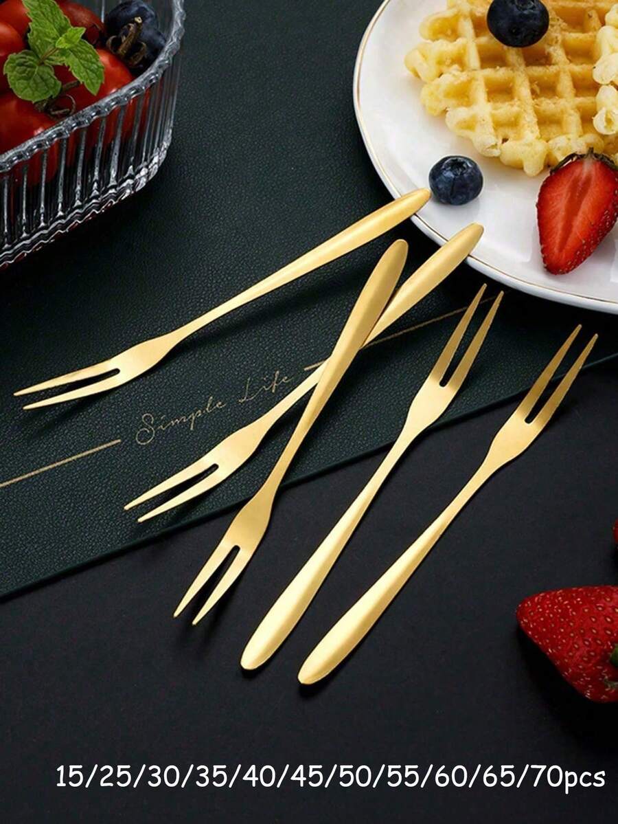 15/25/30/35/40/45/50/55/60/65/70pcs Stainless Steel Fruit Fork Set, Dessert Fork, Simple Fruit Fork, Modern Cake Fork, Decorative Salad Fork, Reusable Fruit Picks, Kitchen Utensils Christmas Gift - Gold - View 1