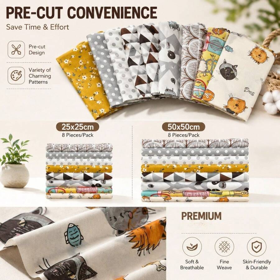 8pcs 25*25/50*50cm Cartoon Animal Print Fabric DIY Patchwork DIY Sewing Material Fabric Suitable For Handmade Patchwork Sewing Projects And Craft Making, Fabric, Sewing Supplies - Variant - View 1