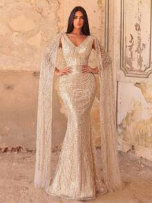Elegant Beaded V-Neck Mermaid Maxi Dress With Floor Length Sleeves - Luxury Formal Gown For Autumn/Winter, Wedding, And Formal Events Party Fall - Champagne - View 6