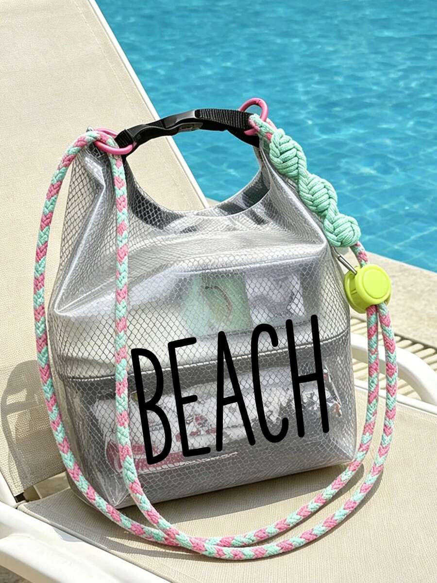 多功能防水 PVC 收納袋，印有「Beach」圖案，抽繩設計，可手提或肩背，適合游泳、健身、海灘、潛水、夏季度假及日常使用。輕量便攜，優異的防水防潑效果，大容量，可收納化妝品、盥洗用品、毛巾、泳衣、運動服等，女性教師理想禮物，郵輪旅行必備