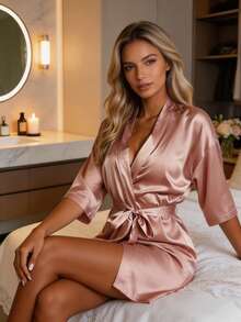 Pink Solid Color Satin Nightgown, Elegant Neckline Short Sleeve Summer Pajamas, Soft Breathable Loose Homewear, Suitable For Brides, Bridesmaids And Back To School Season, Skin-Friendly Sleepwear - Pink - View 4