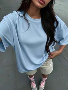 Women's Fashion Loose Short Sleeve T-Shirt | Exquisite Design | Summer Essential | Easy To Match | Show Your Style - Dusty Blue - View 2