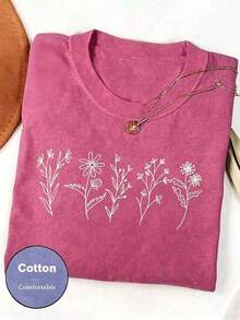 Women Floral Print Crew Neck Loose Casual T-Shirt, Short Sleeve Cheap Clothes Camiseta 100 Percent Cotton Clothing Women - 玫紅色 - 查看 7