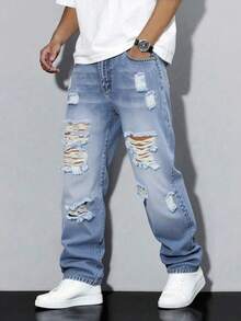 Men's Loose Casual Jeans, Street Style, Relaxed Fit, Fashion Casual - Medium Wash - View 1