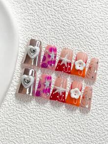 10Pcs Casual Style Handmade Press On Nail,Polygel Nail Set,Starfish,Small Flower Button,Star,Silver,Orange,Purple And Red Nail Polish,Fresh Style,Includes Nail Tools,3 Sizes Available,Almond,Duck,Coffin Nails For Party,Dance,Daily Wear. - Multicolor - View 2