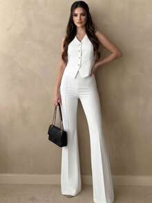 Casual Elegant Commute Daily Office Business Single-Breasted Vest And Flare Pants 2 Pieces Set - White - View 1