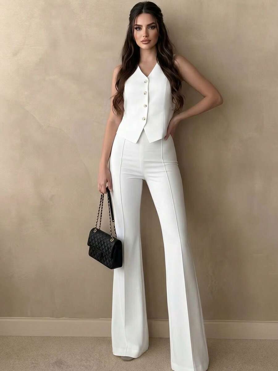 Casual Elegant Commute Daily Office Business Single-Breasted Vest And Flare Pants 2 Pieces Set - White - View 1