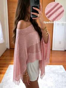 Áo khoác ngoài gợi cảm đính sequin tua rua trễ vai dành cho nữ, trang phục đi biển. - Màu Hồng baby - Xem 4