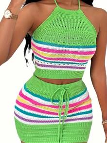 Conjunto de Top y Falda sin Espalda con Crochet a Rayas Multicolores - Arcoíris de tonalidades - Ver 9
