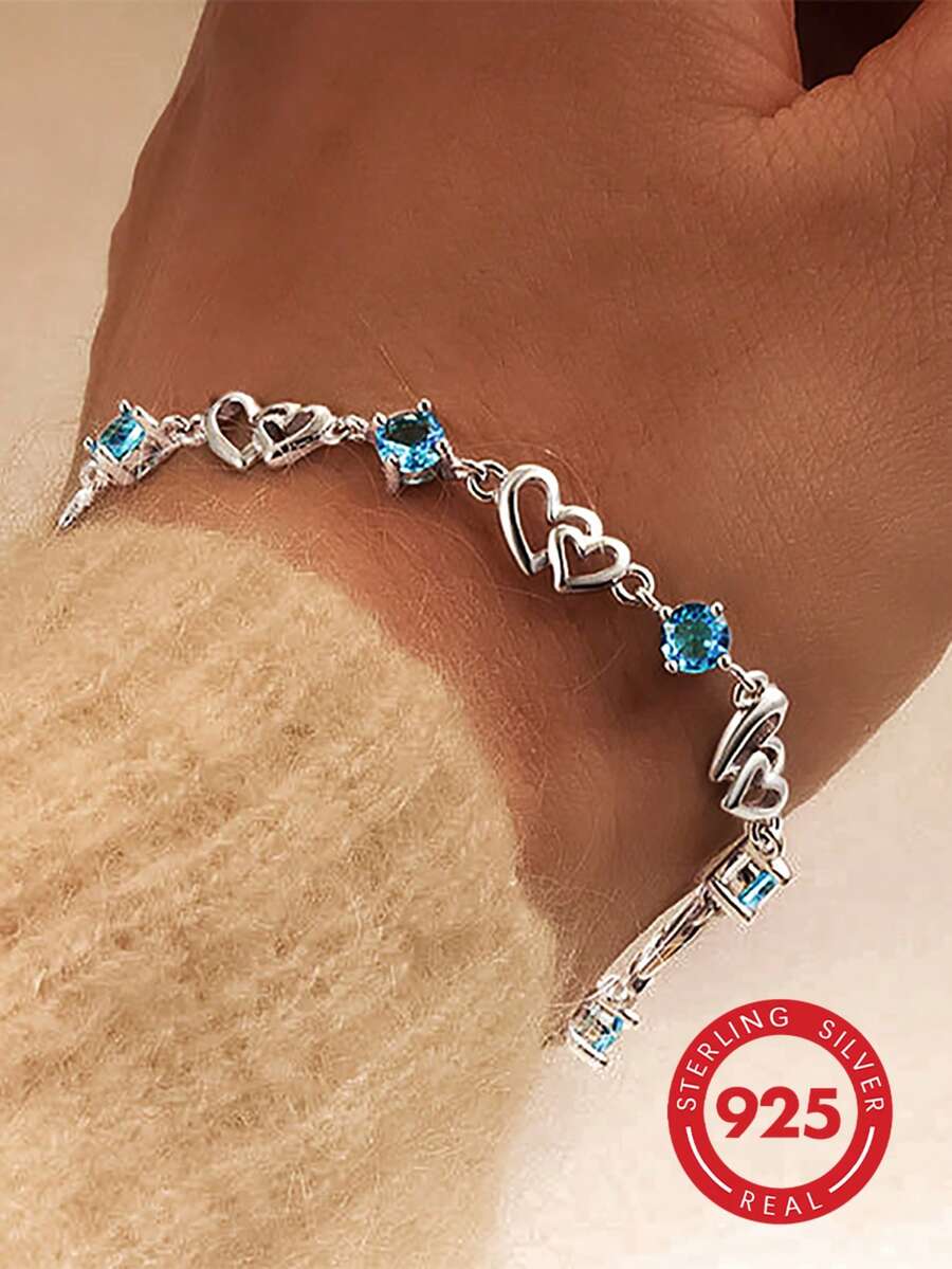 1件简约时尚925银镶嵌立方氧化锆心形几何手链，适合女性佩戴，是度假、派对和音乐节的理想之选。 - 銀色 - 查看 1