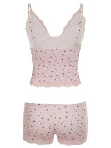 Conjunto de Pijama de Dos Piezas para Mujer, Ropa de Dormir de Verano, Camisola sin Mangas con Encaje Floral Rosa y Pantalones Cortos Ajustados - Rosa - Ver 7