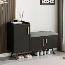 Modern Shoe Bench/Shoe Chest/Bench With Three Storage Doors, Asymmetrical Metal Handles And Multiple Storage Levels - 黑色 - 查看 6