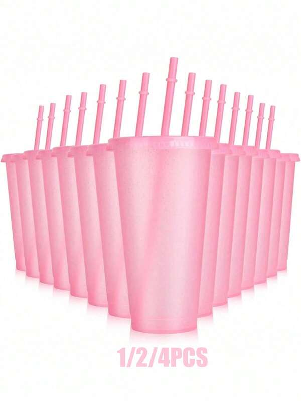 1/2/4pcs 24oz Reusable Cute Pink Cups With Lids And Straws, Suitable For Iced Coffee, Water, Juice, Soda, Perfect For Beach, Wedding, Birthday, Holiday, Christmas, Halloween, Party, Office, Pool, Event, Date, Outdoor Activities, Sports Water Bottle, Daily Use