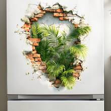 1pc Brick Wall Crack Effect Palm Leaf And Green Plant Wall Sticker, Removable Self-Adhesive Waterproof PVC Sticker, Suitable For Bedroom, Living Room, And Entryway Background Wall Plant Art Decoration. - Wall Stickers - View 3