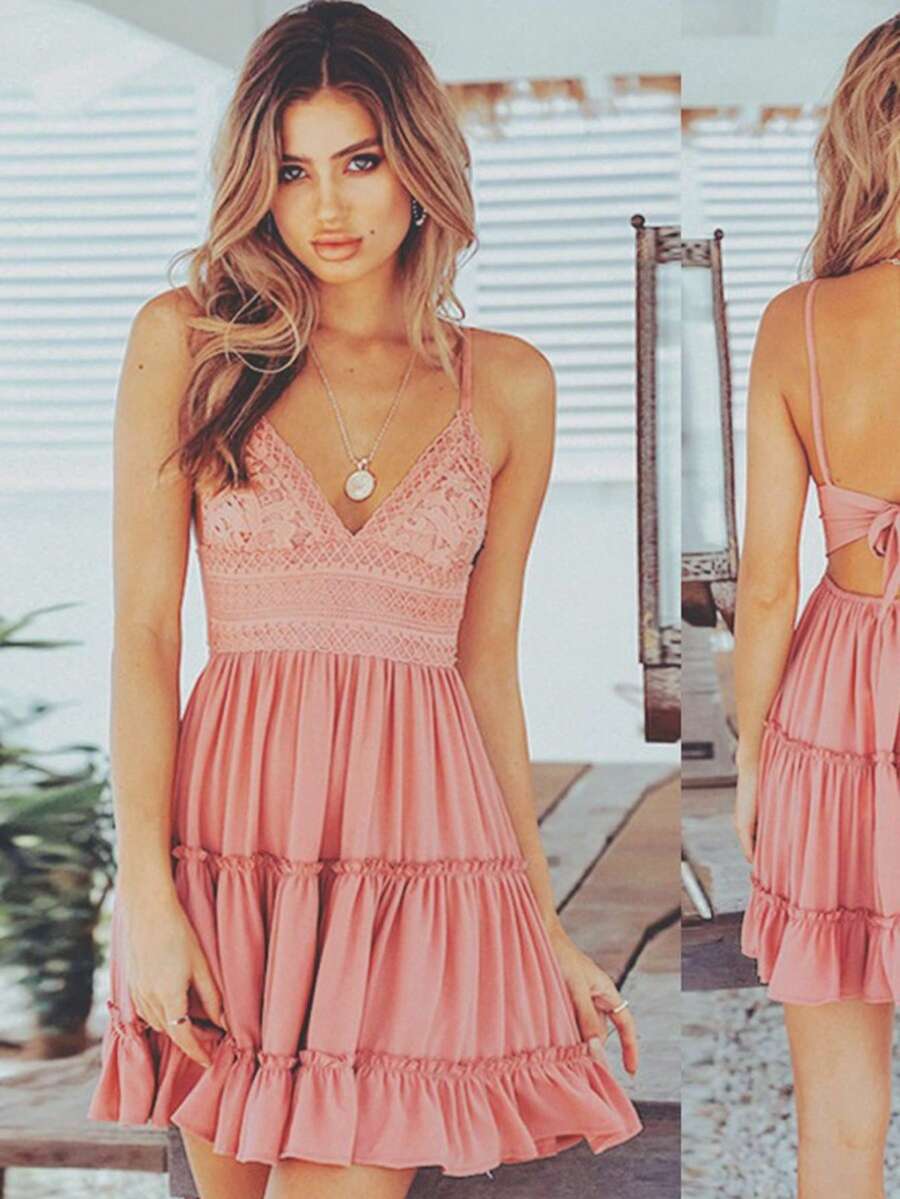 Strappy Backless Pleated A-Line Dress Summer 2026 - 藕粉色 - 查看 1