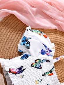 Bộ đồ thường ngày 2 mảnh cho bé gái, gồm áo croptop tay cánh hoa in hình bướm nhiều màu sắc và chân váy xếp ly, thích hợp cho mùa xuân/hè. - trắng - Xem 5