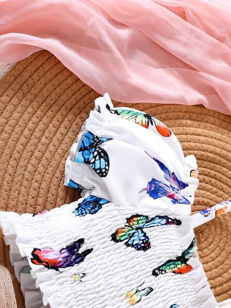 女童彩色蝴蝶印花花瓣袖露脐上衣和百褶裙两件套休闲套装，春夏款 - 白色 - 查看 5